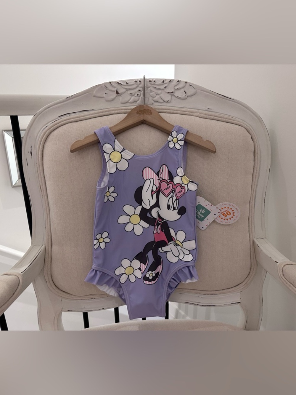 🤍 18~24 Mth Disney Minnie Mouse Lavender & Daisies One-Piece Ruffle Swimsuit NWT